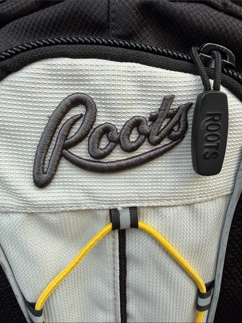 Roots Black and Light Gray Backpack with Yellow Bungee - standard size